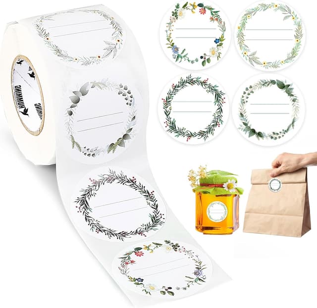 Detalle de AiQInu selbstklebende Etiketten (200 Stück, 5 cm rund) zum Beschriften mit 4 Blumendesigns