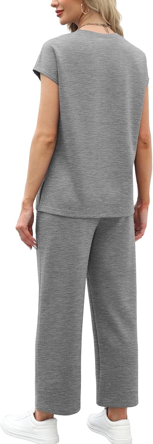 Detalle de WIHOLL Two-Piece Women’s Cap Sleeve Lounge Set with Wide-Leg Crop Pants (S–3XL)