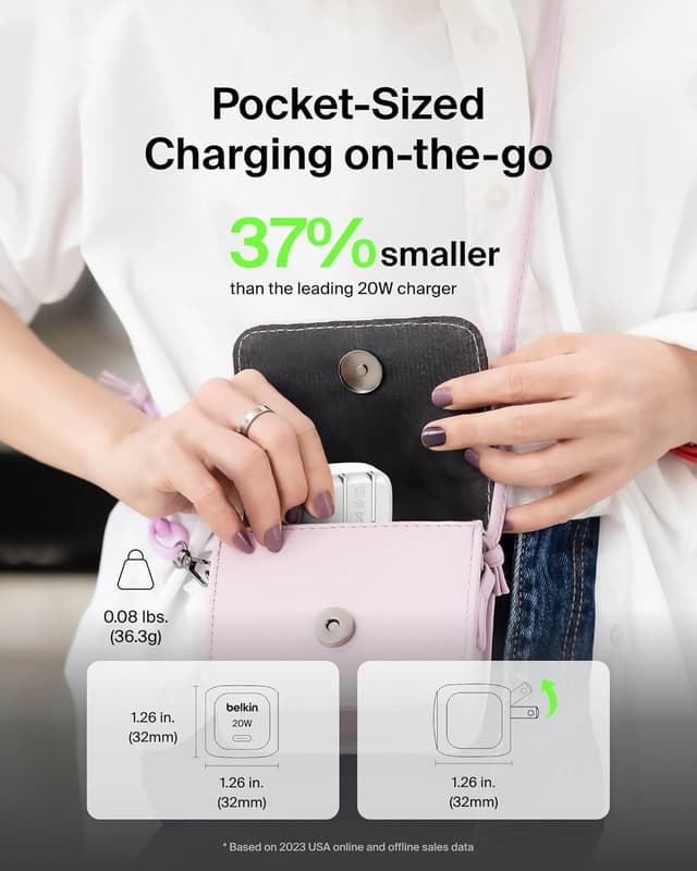 Detalle de Belkin USB-C Charger Block 20W (2-Pack) Fast Charging Wall Charger, Foldable Prongs, USB Power Delivery 3.1, White