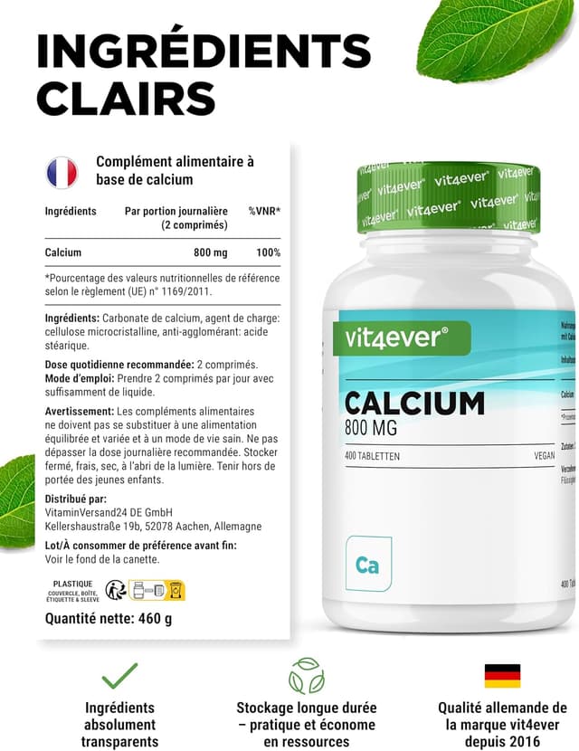 Detalle de vit4ever Calcium 800 mg (carbonate de calcium) – 400 comprimés, 6,6 mois de réserve
