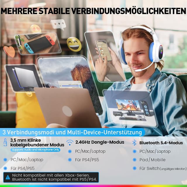 Detalle 1 de Awinnasey Gaming-Headset mit 2,4 GHz