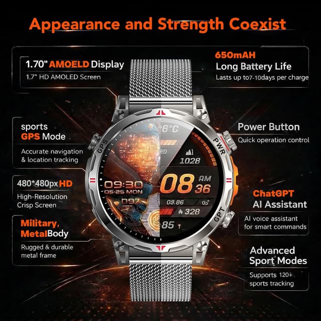 Thumbnail 6 de Montre connectée GPS homme AMOLED 1,7" Amoeld avec boussole, altimètre, baromètre et appels Bluetooth