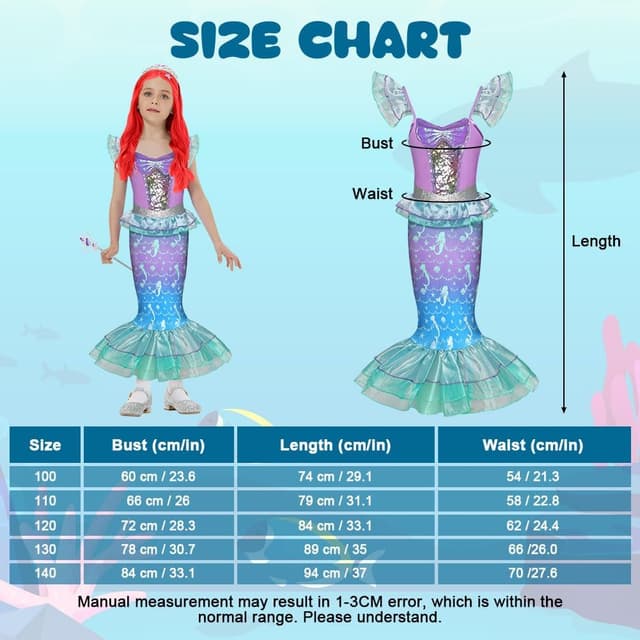 Detalle de AYBUY Vestito Principessa Sirena con parrucca e 3 accessori per cosplay, Halloween e Natale