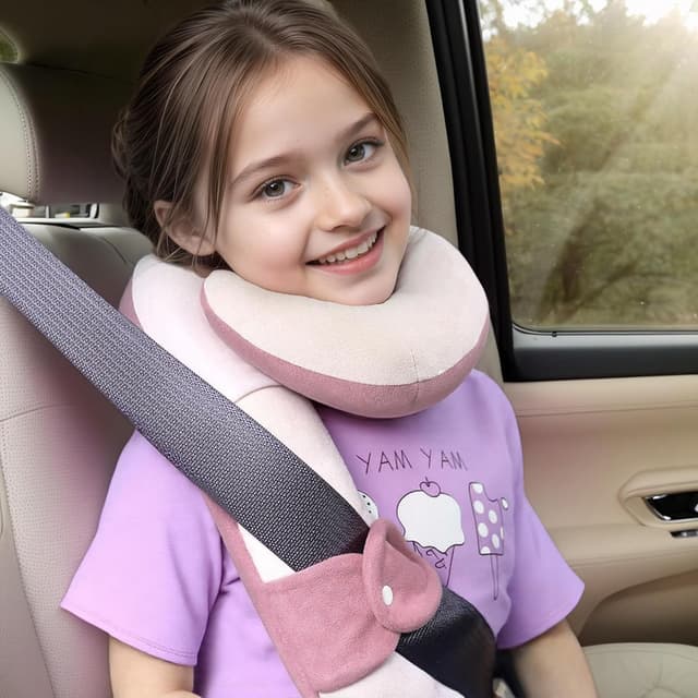 Detalle 2 de WENRENER Kids Travel Neck Pillow (Pink & Beige) – size-adjustable travel support for head, neck and chin