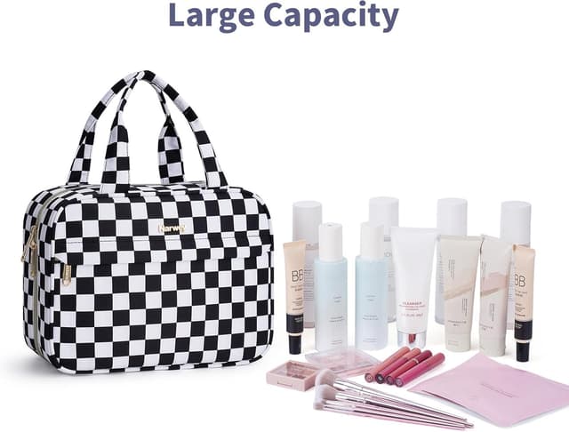 Detalle de Narwey Hanging Toiletry Bag (Large) with Compartments – Black Checkerboard Travel Wash Bag