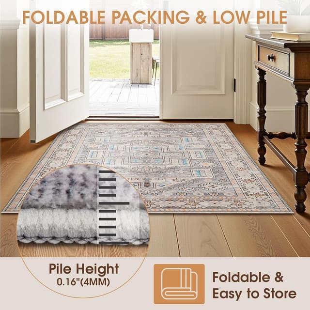 Detalle de Tapis Vasip Salon Vintage à poil ras lavable en machine avec dos antidérapant, style rétro floral 200x300 cm