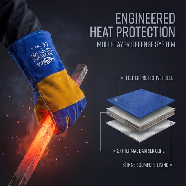 Detalle de RAPICCA Welding Gloves Fire Heat Resistant (Blue) 16IN, 932°F Leather Cover for MIG/Flux-Core/SMAW & forge work