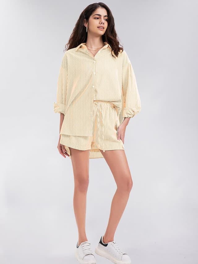 Detalle de Exlura Women’s Cotton Summer 2-Piece Long Sleeve Button-Down Shirt & Matching Short Set