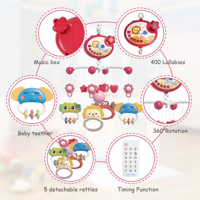 Detalle de Aolso Babybett-Spielzeug: Mobile fürs Babybett mit Musik, Lichtprojektion und Fernbedienung (Sternprojektion-Rot)