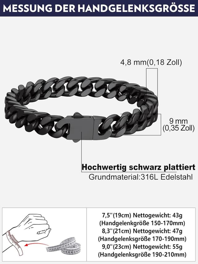 Detalle de Bandmax Panzerarmband Herren aus 316L-Edelstahl, 9 mm Miami/„Kubanische“ Kettengliederarmband – schwarz
