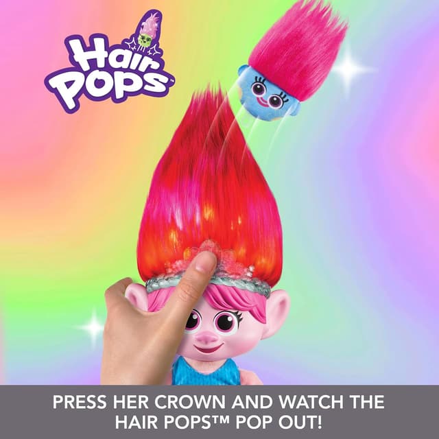 Detalle de DreamWorks Trolls Band Together Hair Pops Showtime Surprise Queen Poppy plush toy (14 inch) with lights & sounds