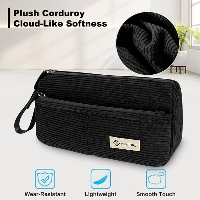 Detalle de FINPAC trousse scolaire en velours côtelé (24 x 7 x 13,5 cm) avec poche zippée et dragonne — noir