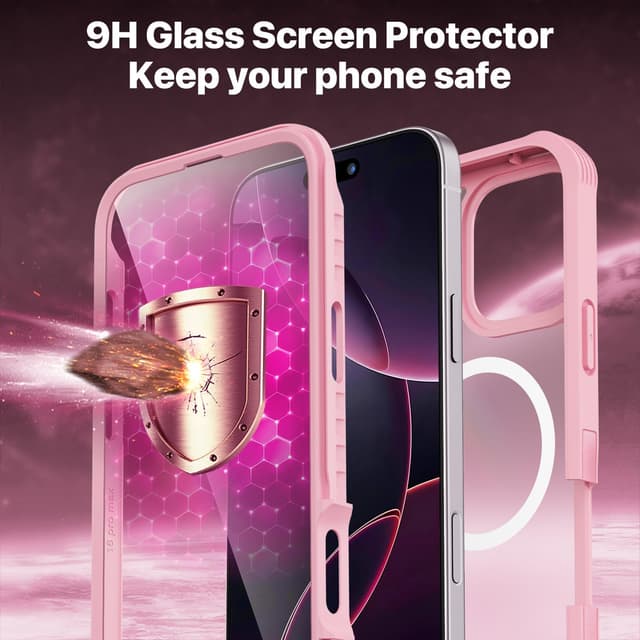Detalle de CENHUFO iPhone 16 Pro Max case with built-in 9H glass screen protector, camera lens protector and MagSafe support (Pink)