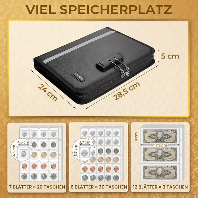 Thumbnail 3 de Ytonet Feuerfestes Münz-Sammelalbum mit Schloss – 320 Münzen & 36 Geldscheine, schwarz