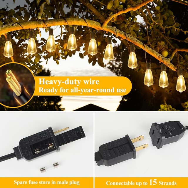 Detalle de Brightever 100FT LED Outdoor String Lights with 52 Shatterproof ST38 Edison Bulbs (2700K, Dimmable)