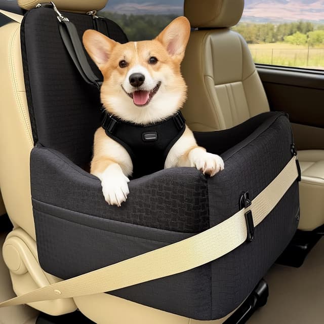 Detalle de PETSFIT Hundesitz für Auto bis 15 kg – 15 cm Memory-Foam Booster mit Sicherheitsgurt-System, waschbarer Bezug (Schwarz)