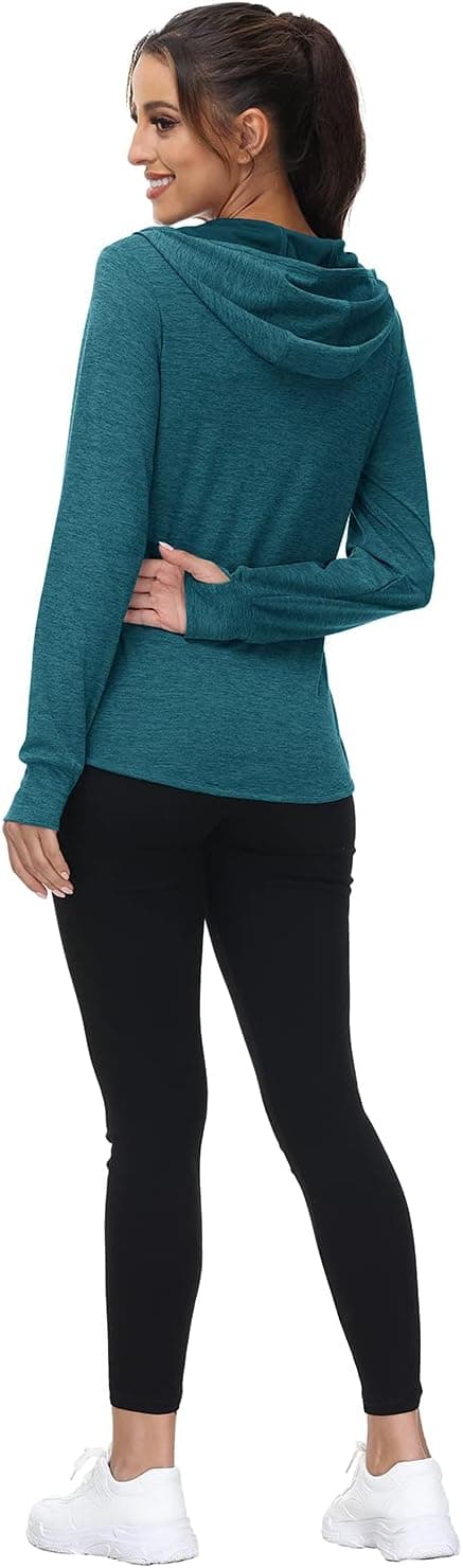 Detalle de donhobo Women’s Running Jackets with Thumb Hole, Hooded Zip Hoodie Top (UPF 50+)