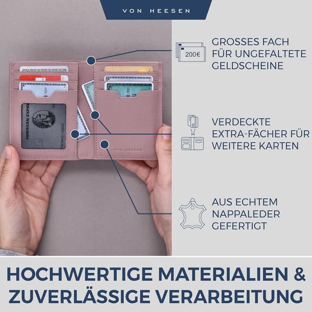 Detalle de VON HEESEN Leder-Geldbörse mit RFID-Schutz – Echtleder Portemonnaie in Lavendel