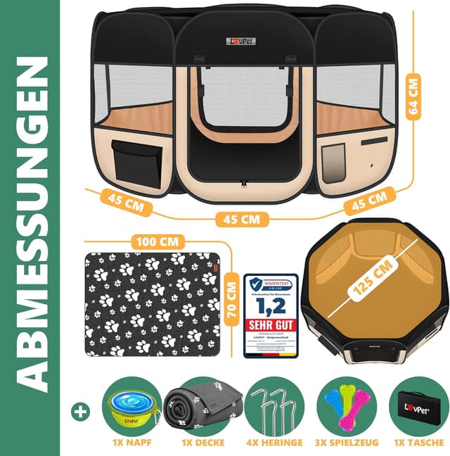 Thumbnail 6 de LOVPET Welpenlaufstall faltbar (Pop-up) für Kleintiere & Hunde/Katzen inkl. Hundenapf und Fleece-Decke, Schwarz/Beige