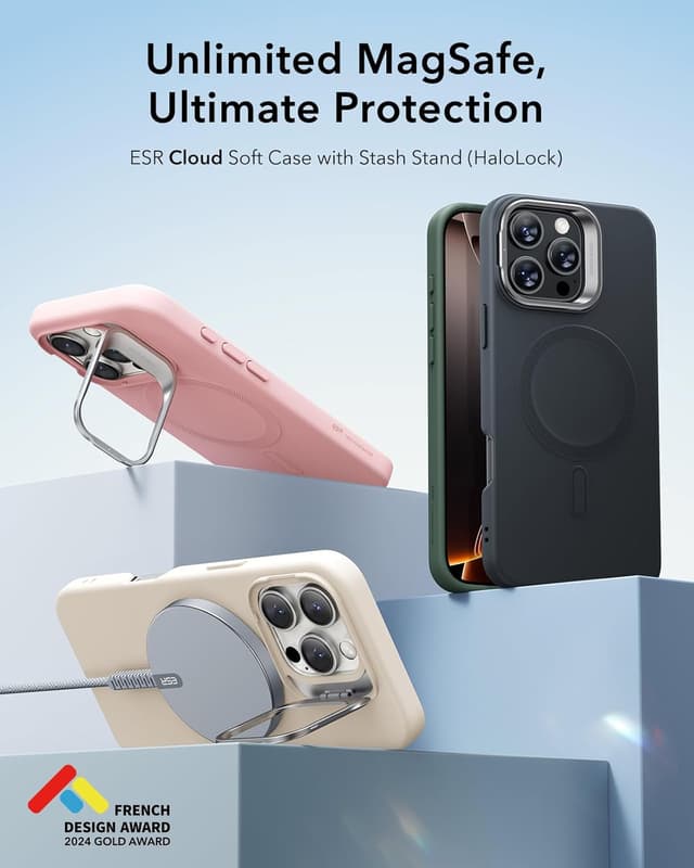 Detalle 2 de ESR Cloud Series Silicone Case with Stand for iPhone 16 Pro (MagSafe) in Pink