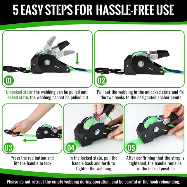 Thumbnail 2 de TLGREEN Cinghie di ancoraggio automatiche con cricchetto, 2 pezzi da 3 m x 25 mm, con ganci a S