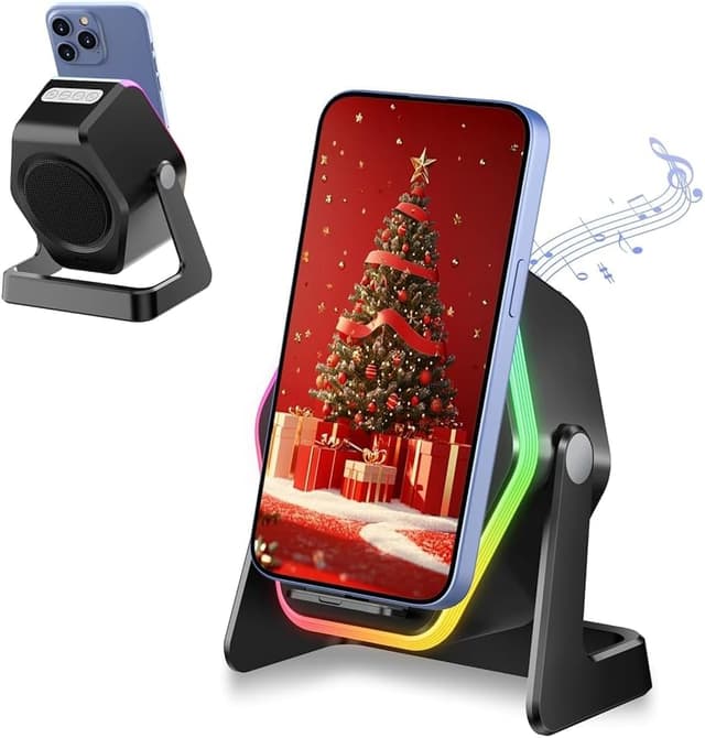 Detalle de Hupoaf Wireless Induction Speaker (5-in-1 Bluetooth speaker with mirror, RGB light, adjustable phone stand) – Pure Black