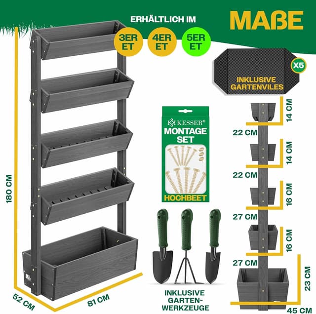 Detalle de KESSER® Hochbeet mit 5 Etagen (Blumenkasten/Pflanztreppe) inkl. Gartenvlies und Schaufelset in Anthrazit