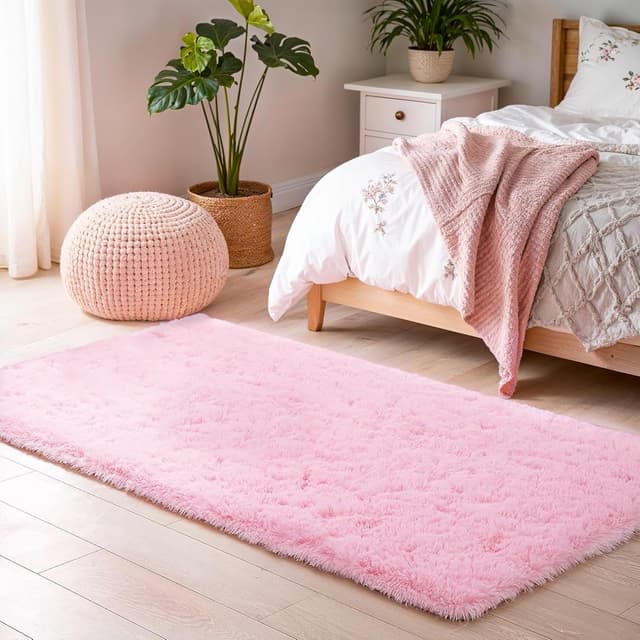 Detalle de BEIMO Tapis chambre shaggy moderne rose 50x80 cm, poils longs et dessous antidérapant