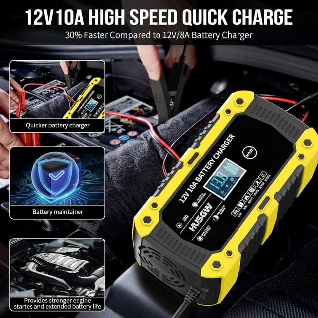 Detalle de Caricabatterie auto e moto 12V 10A con display LCD e multi-protezioni (modalità CAR, AGM, MOTO, LiFePO4, REPAIR) – Giallo 10A
