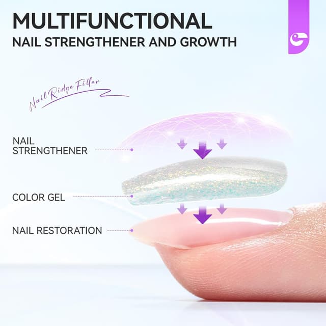 Detalle de Gelike ec Vernis Durcisseur Ongle Fort et Croissance – soin base pour ongles fins et cassés, rose pailleté