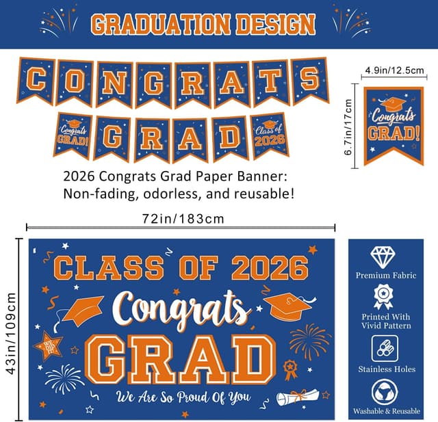 Detalle de Graduation Blue and Orange Decorations 2026 Set (Grad Backdrop, Banner, Swirls, Porch Sign, Foil & Latex Balloons)