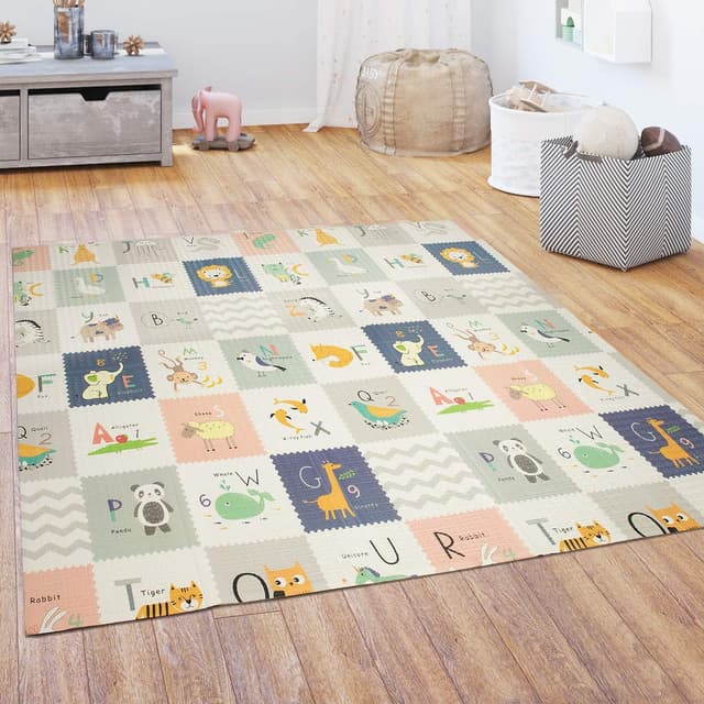 Detalle de Paco Home faltbare Spielmatte/Krabbelmatte für Babys und Kinder, 180 x 200 cm, weiß mit Tiermotiven