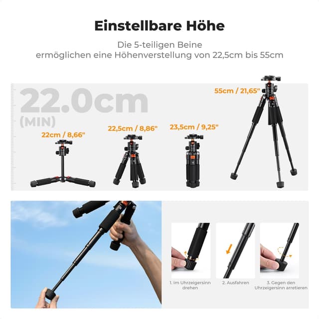 Detalle de K&F CONCEPT Mini Stativ (55 cm) aus Aluminium mit 360° Kugelkopf – faltbar, 1/4“-Platte, max. 6 kg