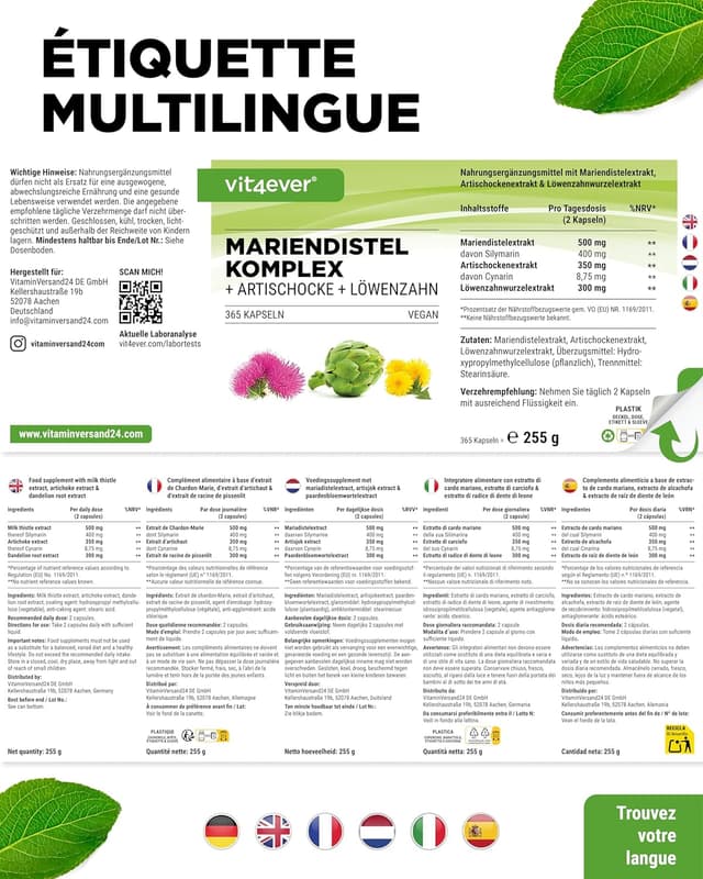 Detalle 2 de Complexe Chardon-Marie, Artichaut & Pissenlit en capsules – 365 pour 6 mois (80% silymarine, vegan)