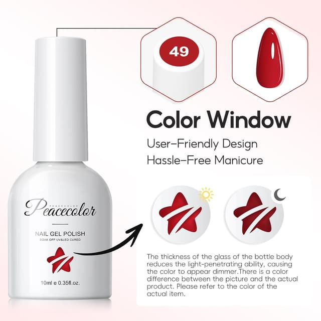 Detalle 2 de PEACECOLOR UV-Gel Nagellack Set mit 6 Farben (10 ml) – Weiß, Rot, Schwarz, Silber/Gold Flash