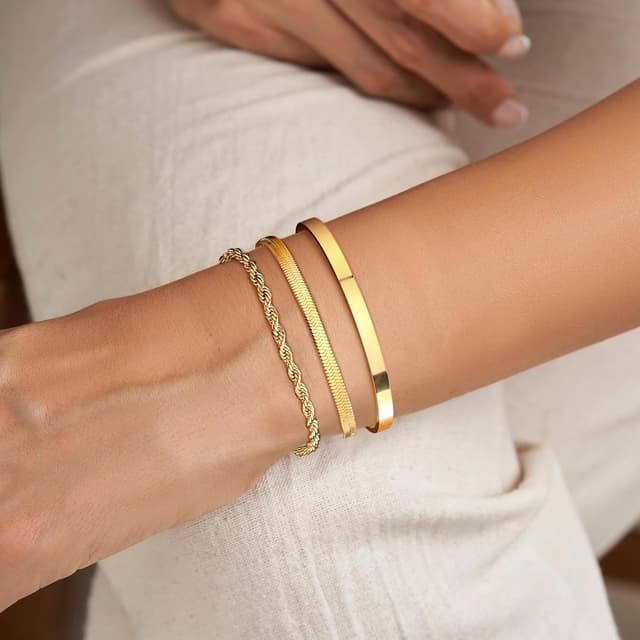 Detalle de Finrezio 3–5er Armband-Set Damen Gold – 14 Karat vergoldet, verstellbar, Figaro & Perlen