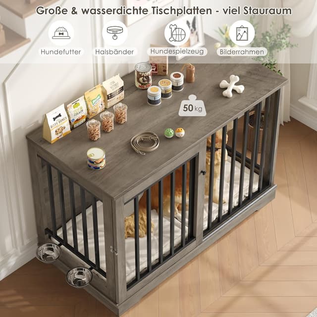Detalle 2 de FirFurd Hundekäfig Möbel 120 cm breit – Hundebox aus Metall und Holz, inkl. Schiebetüren (120 x 90 x 60 cm)