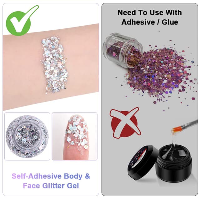 Detalle de URAQT Body Glitter Gel „Chunky Glitter“ (Silber) – glitzerndes Körpergel für Gesicht, Haare, Lippen, Nägel