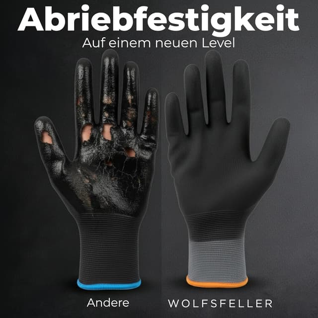 Detalle 2 de WOLFSFELLER Premium Arbeitshandschuhe Herren Gr. 9 – 5 Paar mit langlebiger Nitril-Beschichtung