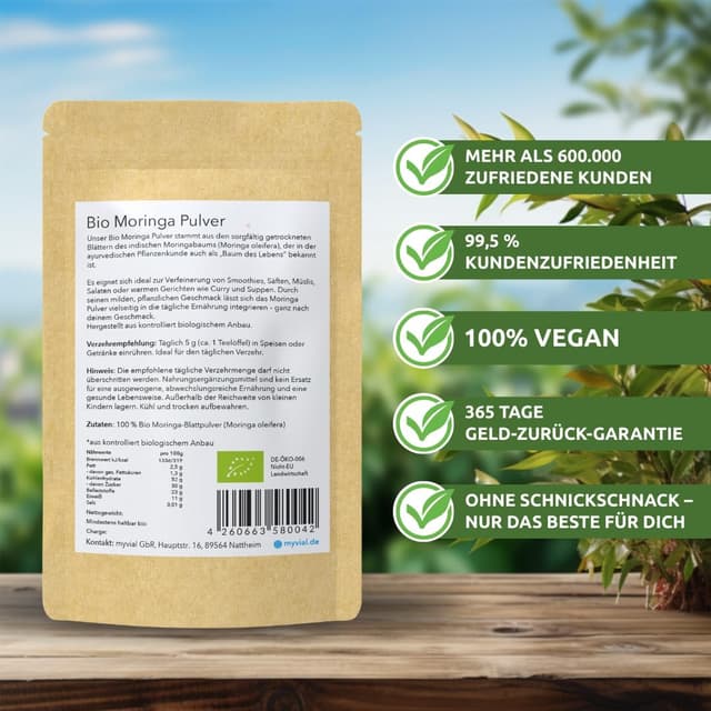Detalle 2 de Bio Moringa Pulver 250 g – Premium Blattpulver aus Moringa oleifera (roh verarbeitet), vegan, plastikfrei