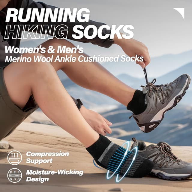 Detalle 2 de 6 Pairs Merino Wool Ankle Running & Hiking Socks with Compression Support (No-Show) for Women & Men