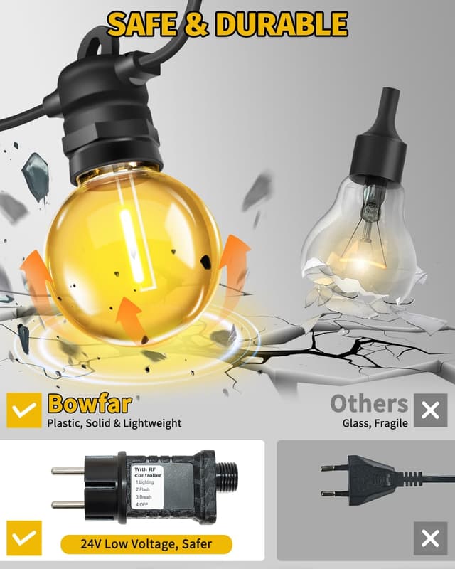 Detalle de Bowfar Außen-Lichterkette mit G40-Glühbirnen, 15 m, IP68, dimmbar & mit Fernbedienung (23+2 Stk)