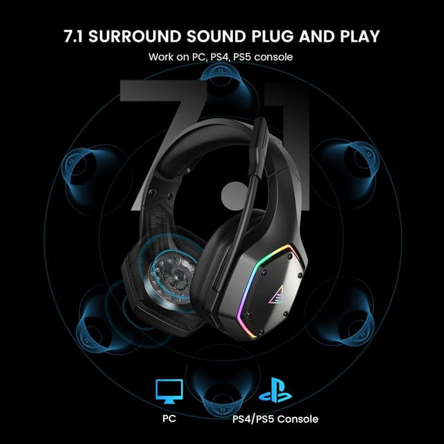 Detalle de EKSA E1000WT Wireless Gaming Headset for PS4 PS5 PC (2.4G, 7.1 Surround, 36-Hour Battery, Mic ENC, RGB)