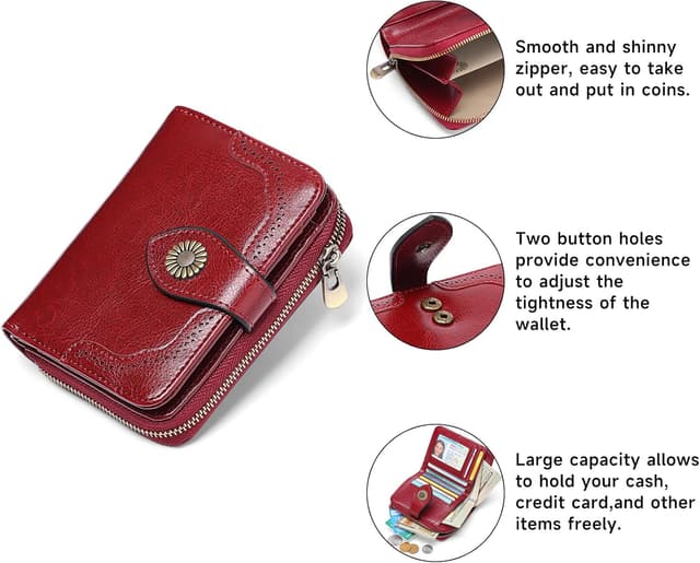 Detalle 2 de SENDEFN RFID blocking leather small wallet for women with multiple card slots & zip coin compartment