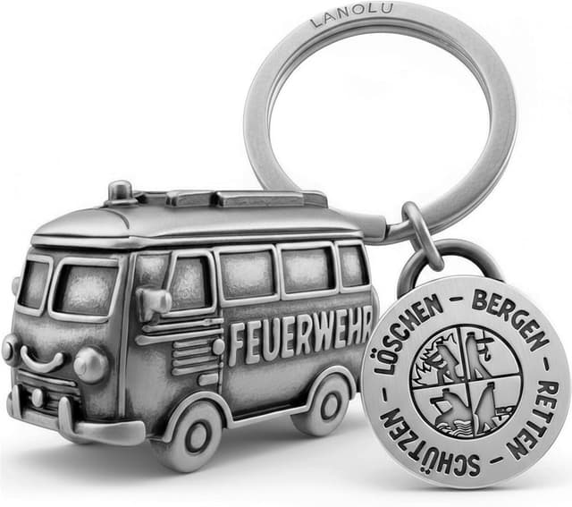Detalle de LANOLU Schlüsselanhänger Feuerwehrmann mit 3D-Feuerwehrauto und beidseitiger Gravur