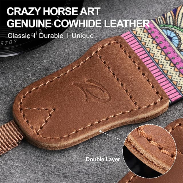 Detalle de Padwa Lifestyle Camera Strap 1.5" Soft Nylon & Crazy Horse Cowhide – adjustable cotton woven camera strap for SLR and mirrorless