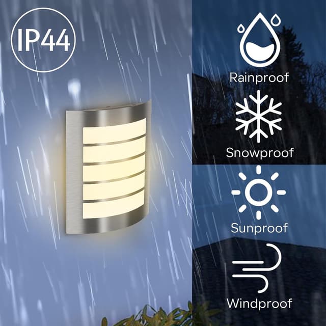 Detalle 2 de Kerry Wall Light outside front door lighting – IP44 mains powered E27 curved stainless steel sconce