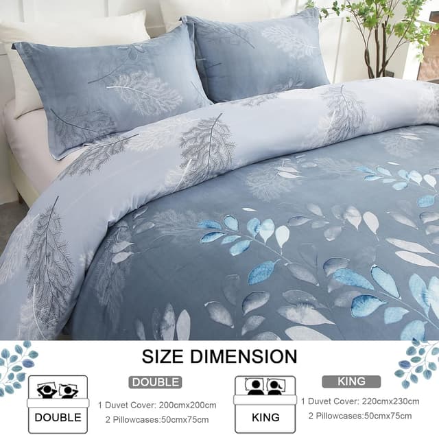 Detalle 2 de DJY Floral Duvet Cover King Blue Leaves Bedding Set (220x230cm) with Reversible Design & Zip Closure