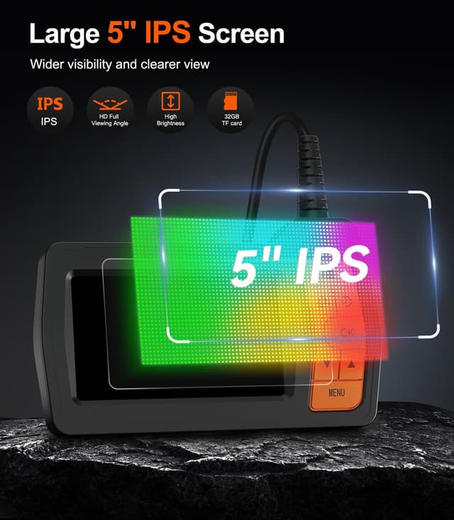 Detalle de TURNRISE 50FT Triple-Lens Endoscope Inspection Camera with 5in IPS Screen, 8 LED and IP67 Probe
