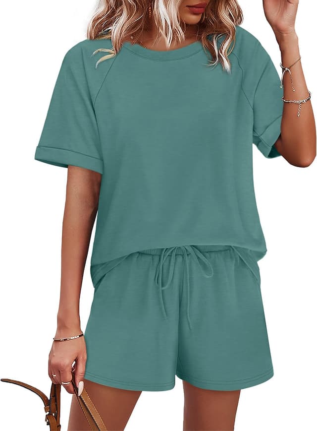 Detalle de WIHOLL Two-Piece Short Sets for Women — Casual Short Sleeve Crew Neck Lounge Matching Set
